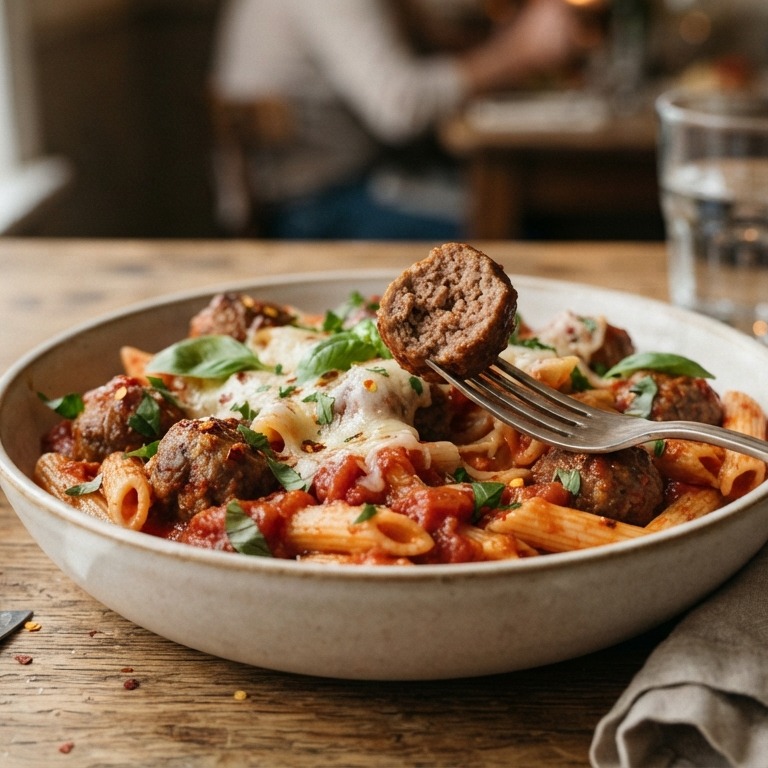 Klassieke penne met gehaktballetjes in tomatensaus recept