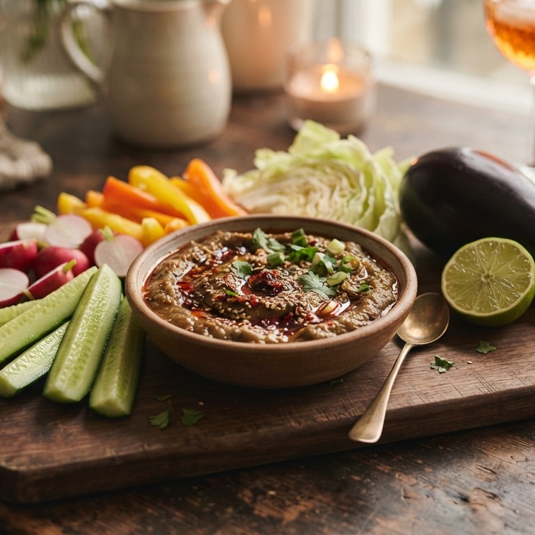 Knapperige groenten met aubergine dip recept