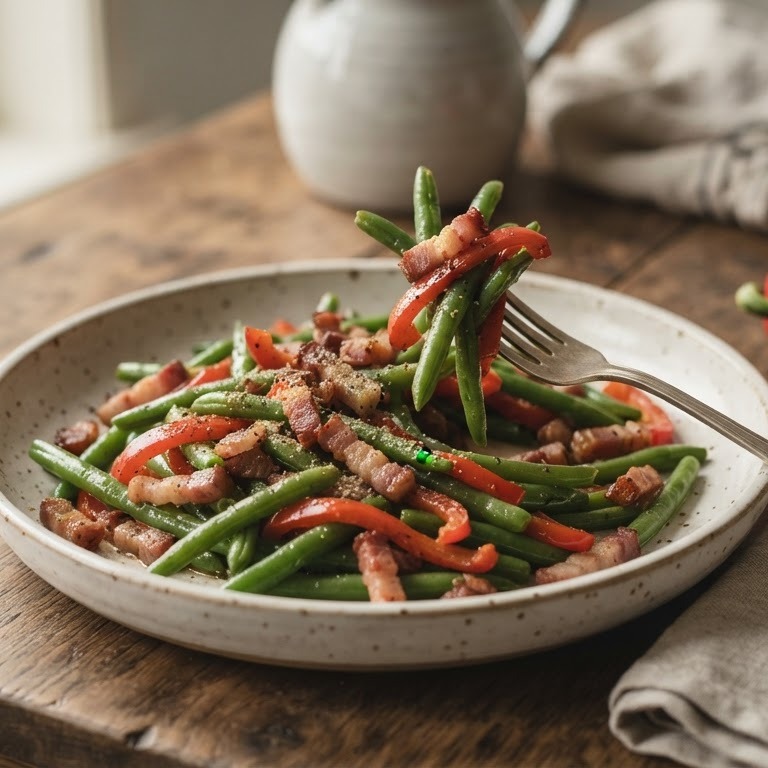 Knapperige sperziebonen met paprika en katenspek recept