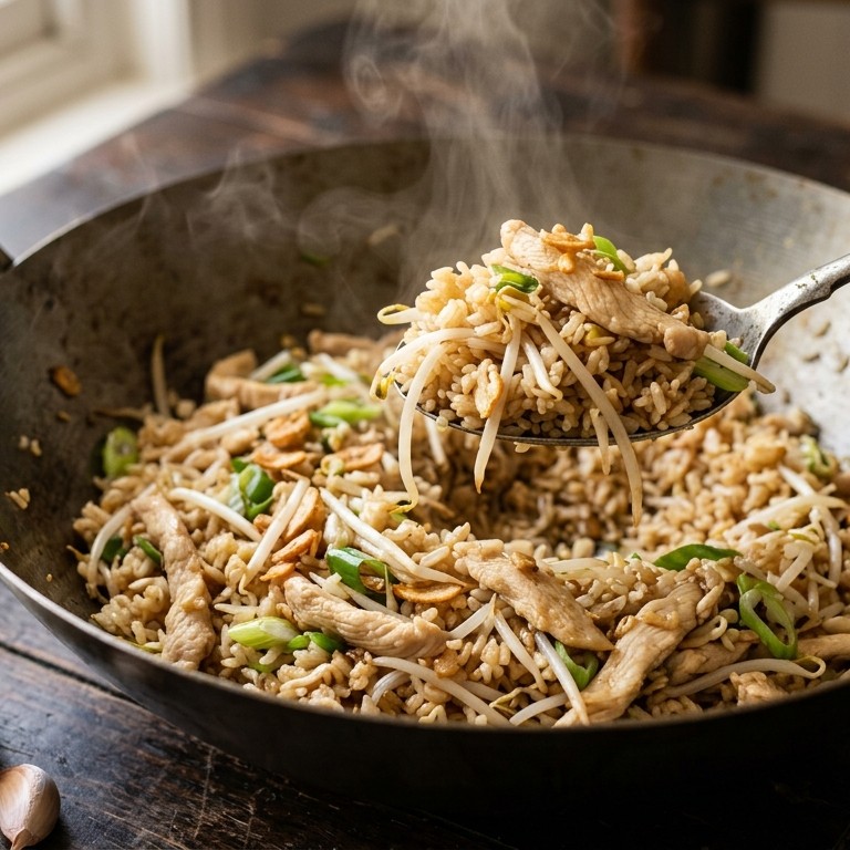 Knoflookrijst met kip en taugé recept