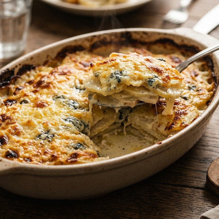 Knolselderij-aardappelschotel met gorgonzolasaus recept