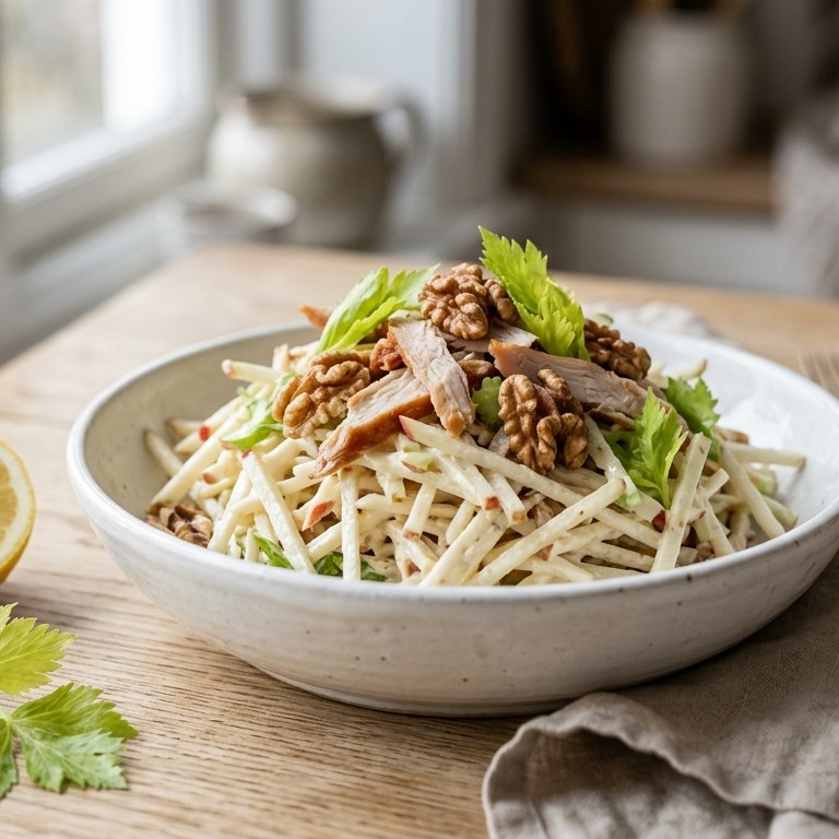 Knolselderijsalade met appel, gerookte kip en walnoten recept