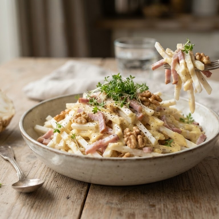 Knolselderijsalade met ham en walnoten recept