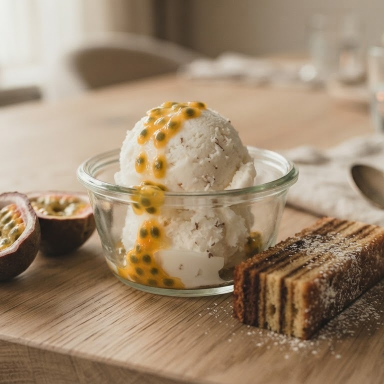 Kokosijs met spekkoek en passievrucht recept