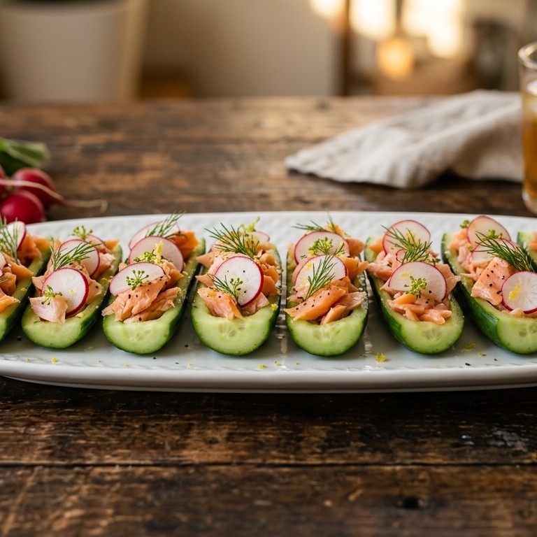 Komkommerschuitjes met zalm en radijs recept