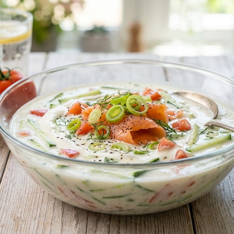 Komkommerzalmsoep met bosui recept