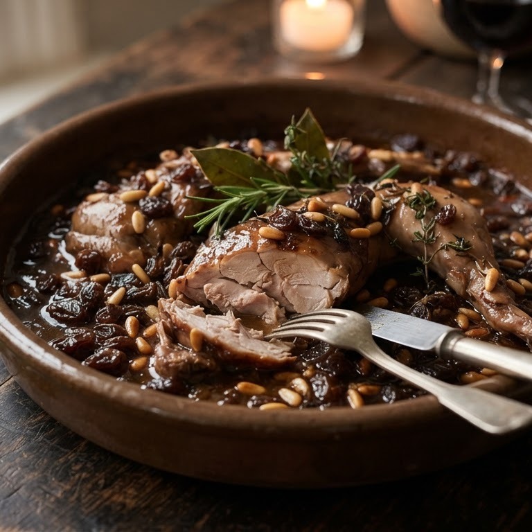 Konijn met rozijnen en pijnboompitten recept