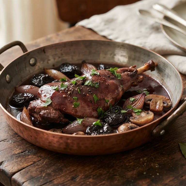 Konijnenbout met rode wijn en pruimen recept