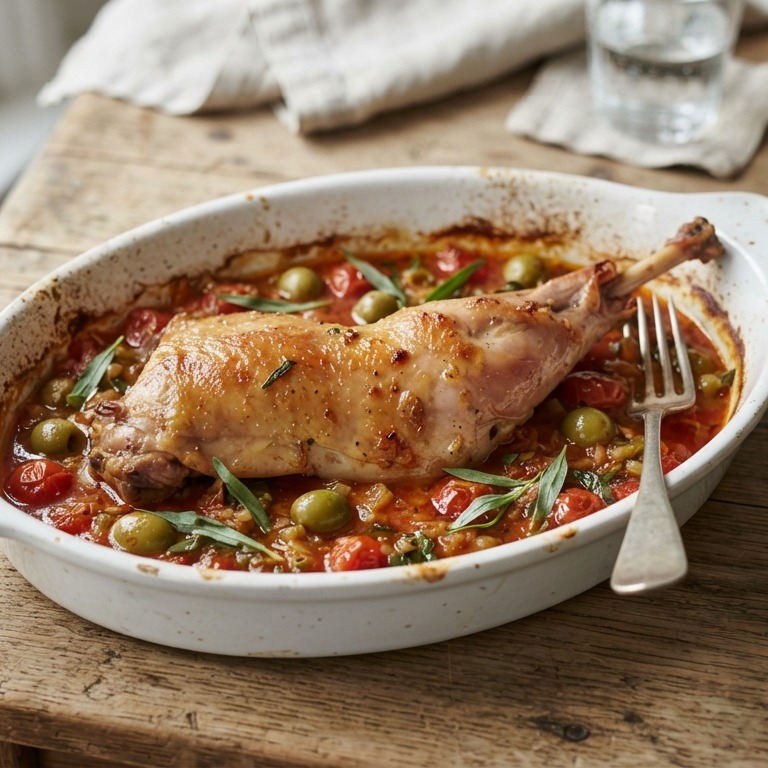 Konijnenbout met tomaten-wijnsaus recept
