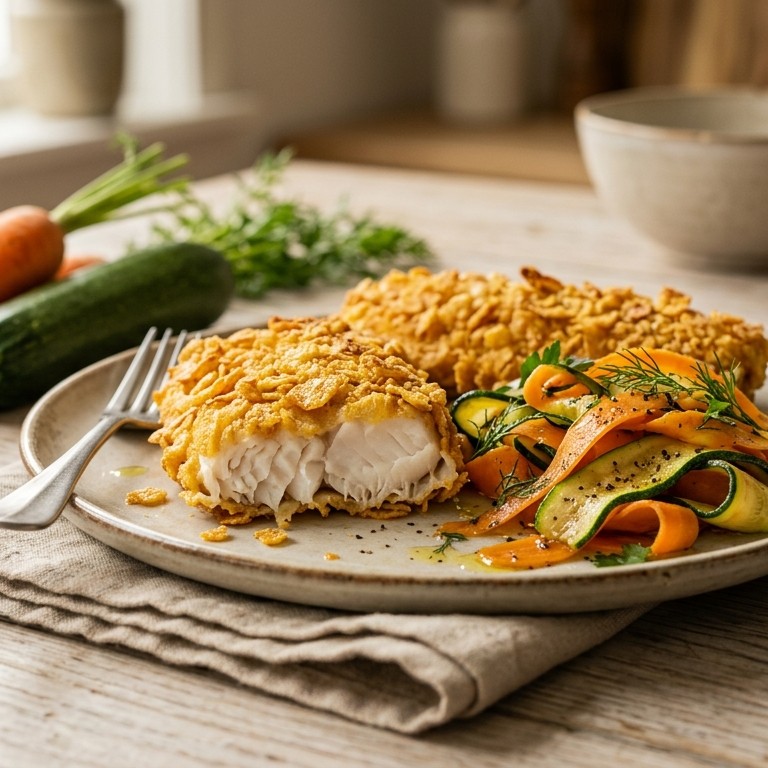 Koolvis met cornflakes en wortel-courgettes recept