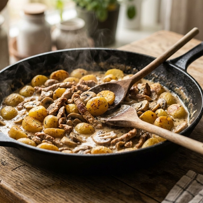 Krielaardappeltjes met romige varkensreepjes recept