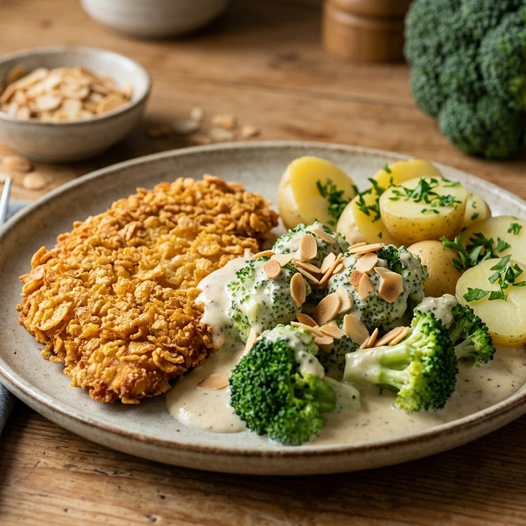 Krokante kalkoenschnitzel met broccoli en amandelen recept
