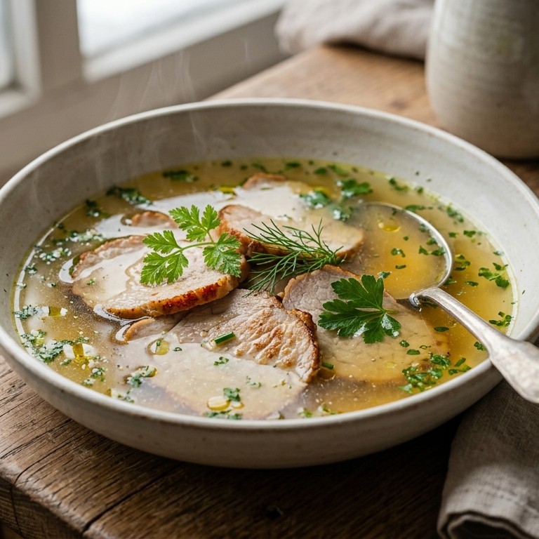 Kruidenbouillon met gebakken varkensfricandeau recept