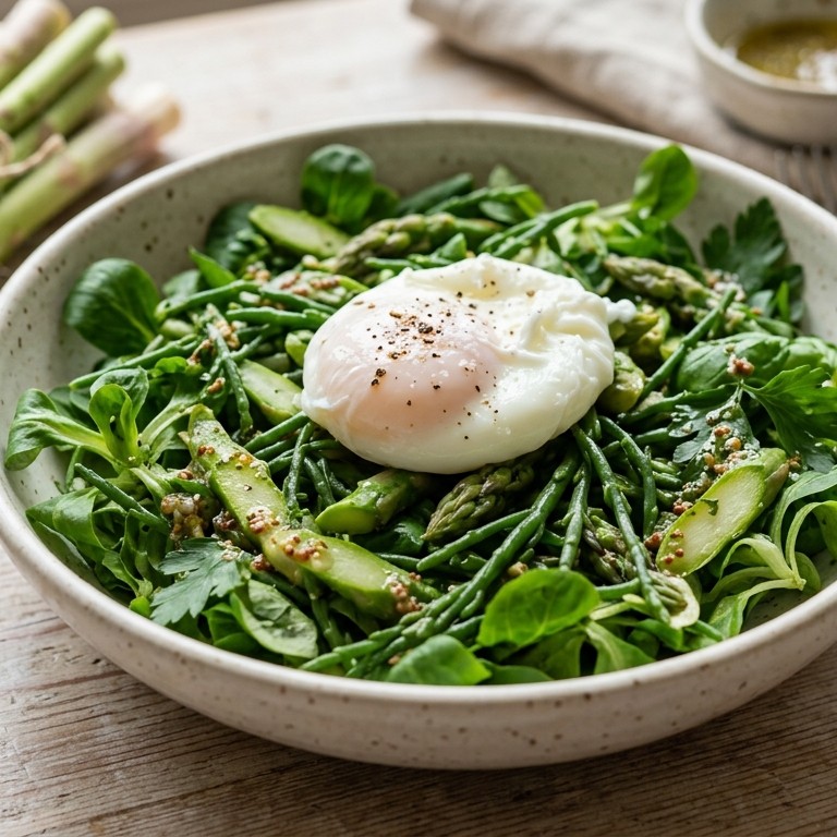 Kruidensalade met asperges en gepocheerd ei recept