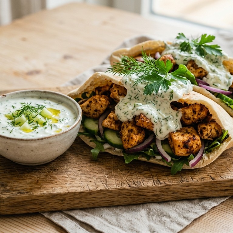 Kruidige kipbroodjes met tzatziki recept