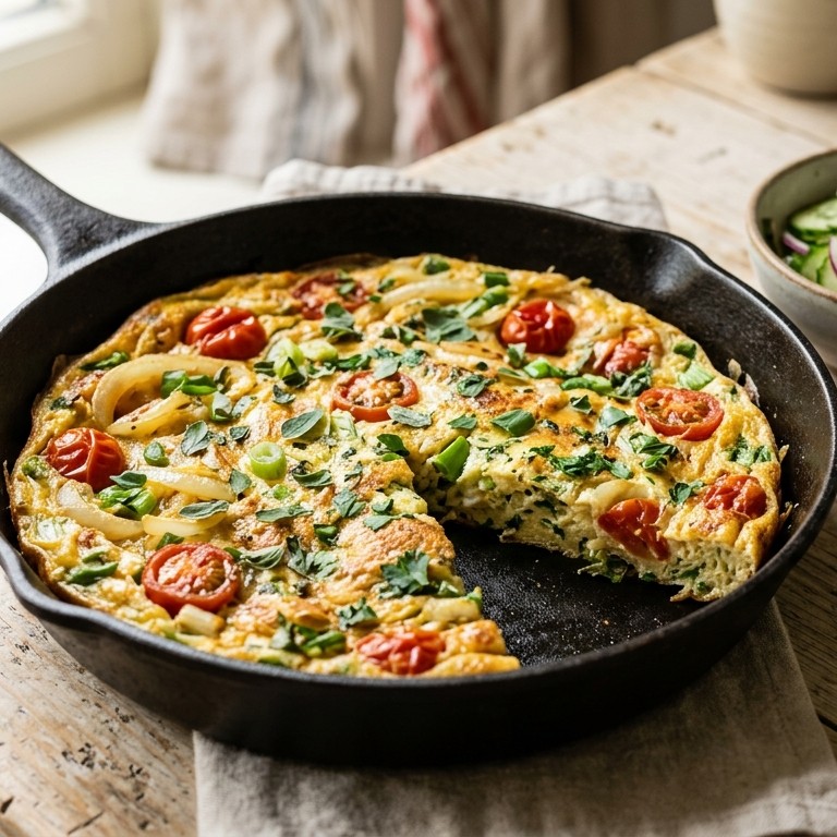 Kruidige omelet met ui en tomaat recept