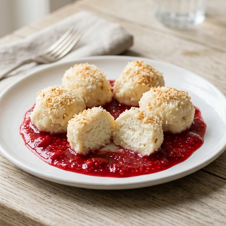 Kwark-kokosknoedels met frambozensaus recept