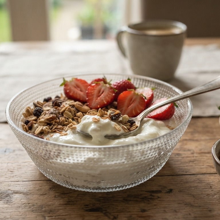 Kwark met muesli en aardbei recept