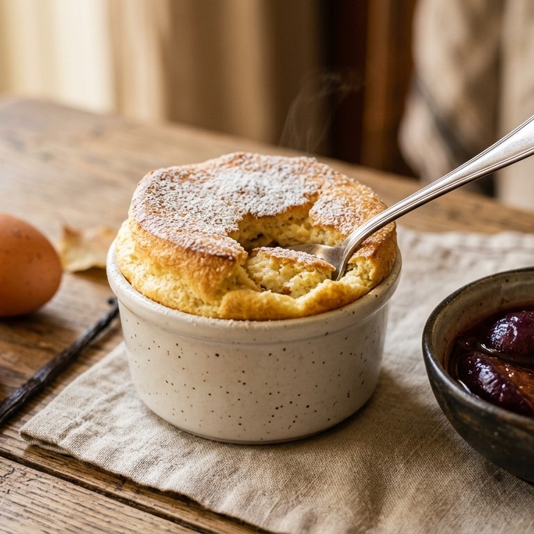 Kwarksoufflé met kaneelpruimen recept