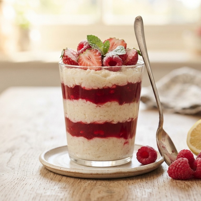 Laagjes dessert van rijstebrij en rood fruit recept