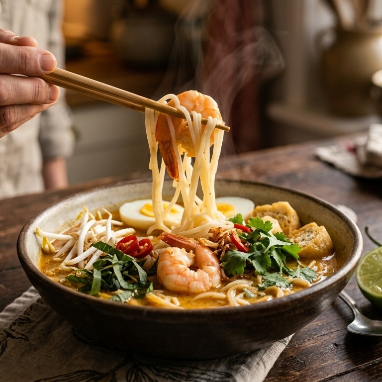 Laksa udang (garnalen in bouillon en kokosmelk) recept