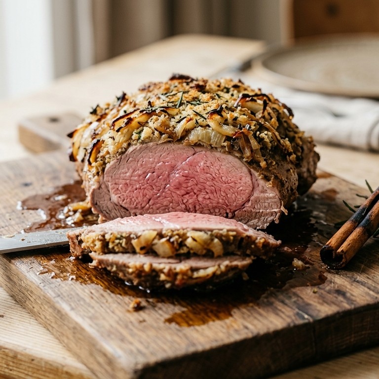 Lamsbout met uienkorstje recept