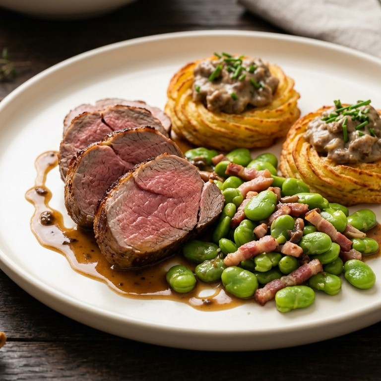 Lamsfilet met tuinbonen, gevulde aardappelnestjes recept