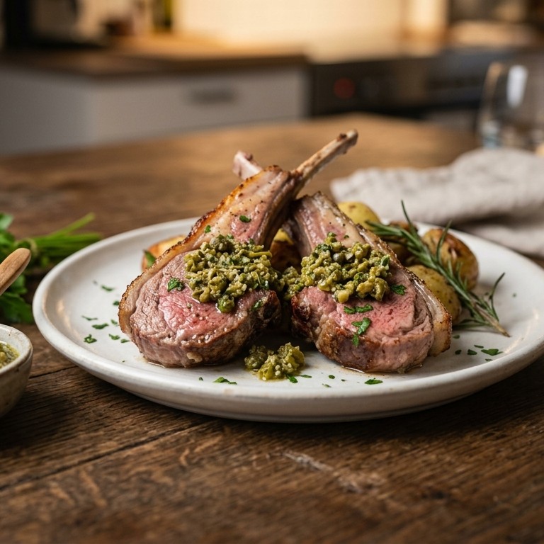 Lamskoteletjes met groene pesto van olijven, knoflook, kappertjes en rozemarijn recept