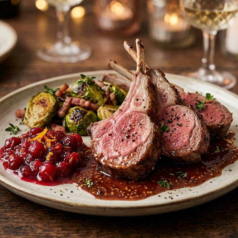 Lamskotelette met mosterdwijnjus en cranberrycompote recept