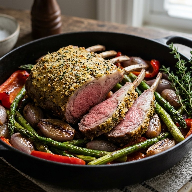 Lamsrack uit de oven met paprika, sjalotjes en asperges recept