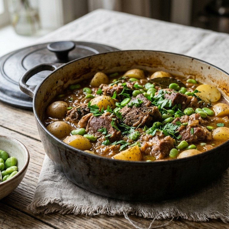 Lamsstoofpotje met aardappelen en tuinbonen recept