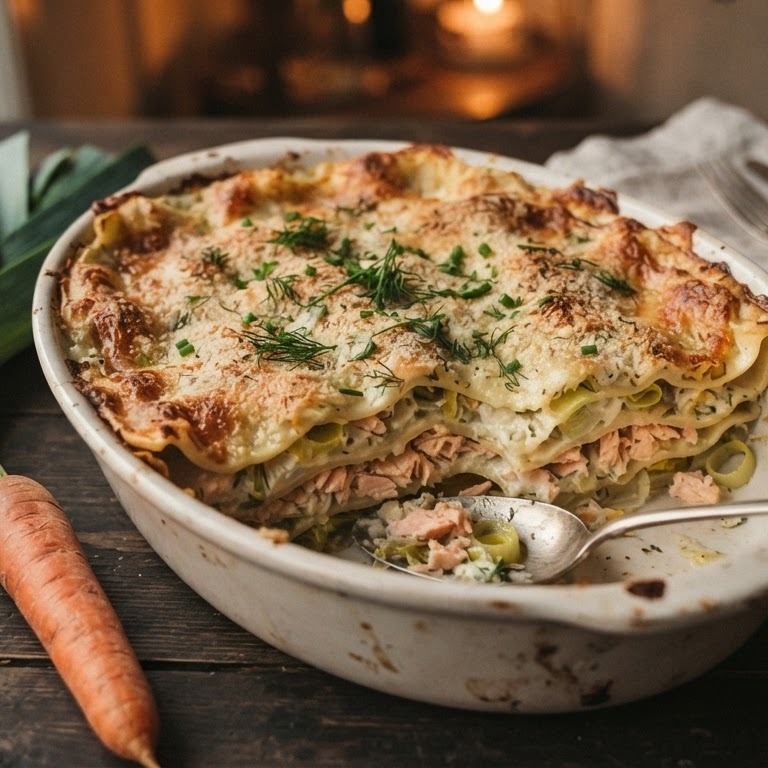 Lasagna met  zalm en prei recept