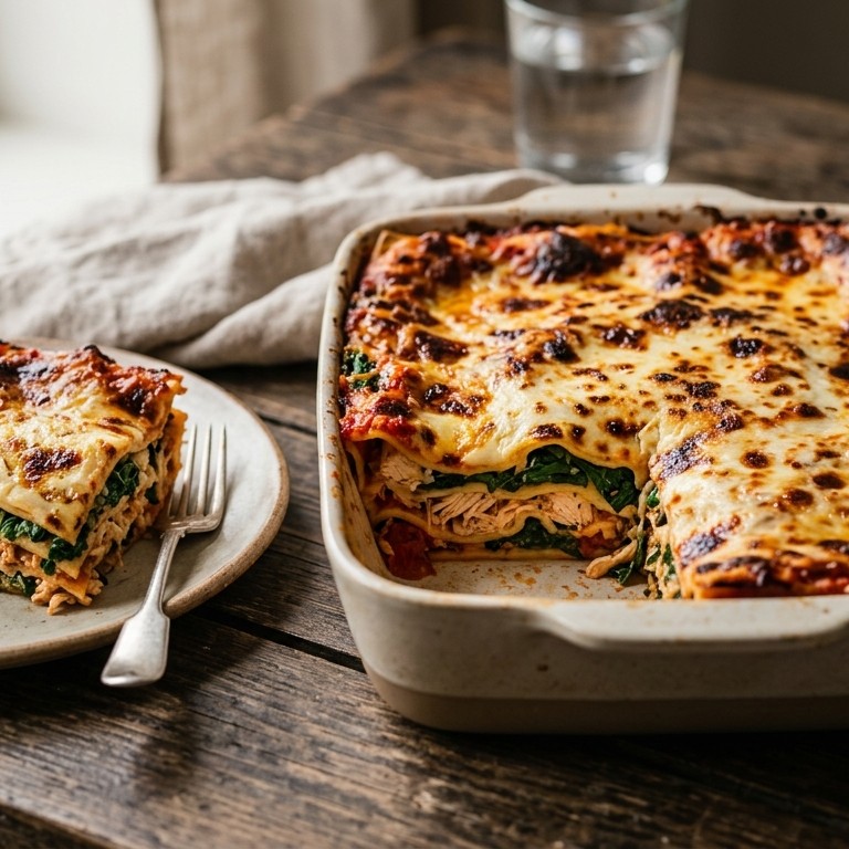Lasagne met gerookte kipfilet, tomaten en spinazie recept