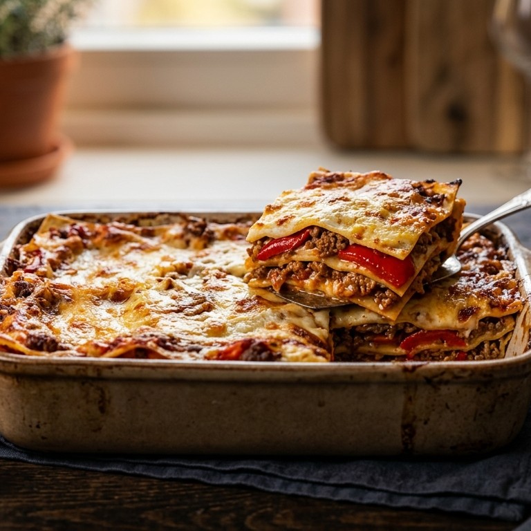 Lasagne met rundergehakt, tomaten en paprika recept
