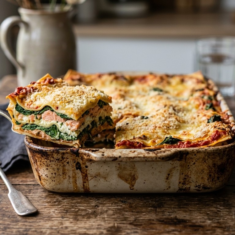 Lasagne met zalm en spinazie recept