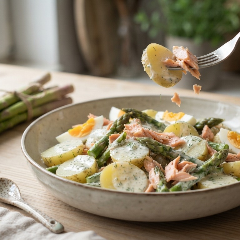 Lauwe aardappelsalade met asperges en zalm recept