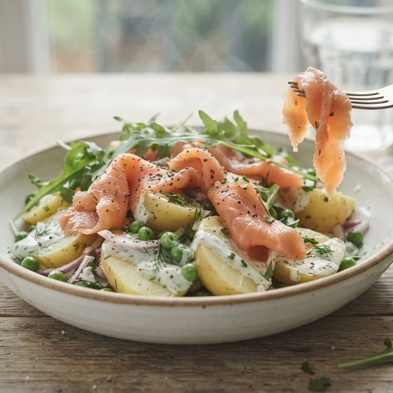 Lauwwarme aardappelsalade met gerookte zalm recept
