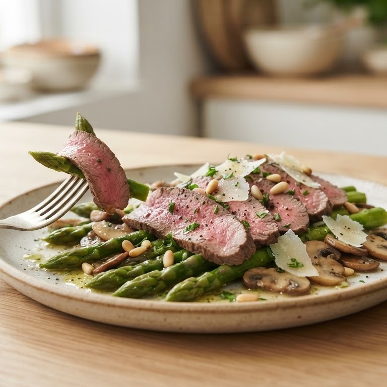 Lauwwarme gemarineerde ossehaas met groene aspergesalade recept