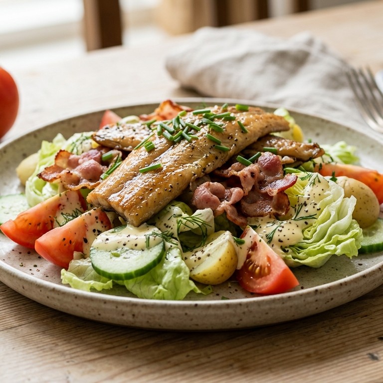 Lauwwarme salade met gerookte paling en spekjes recept