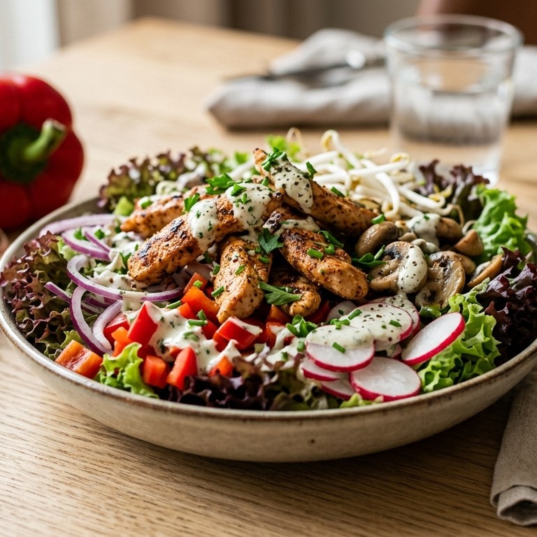 Lauwwarme salade met pittige kipreepjes recept