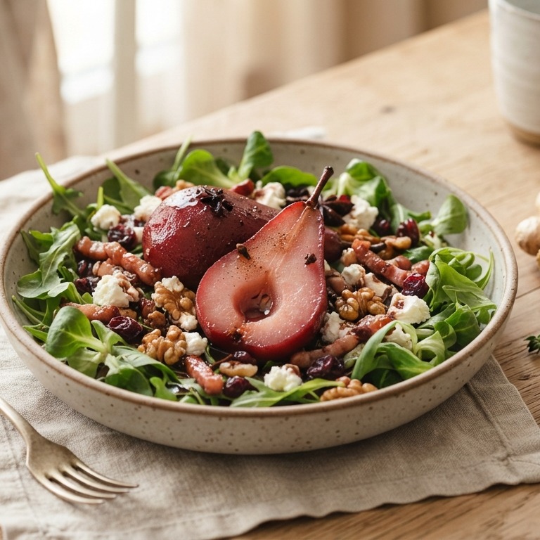 Lauwwarme salade van stoofpeertjes recept