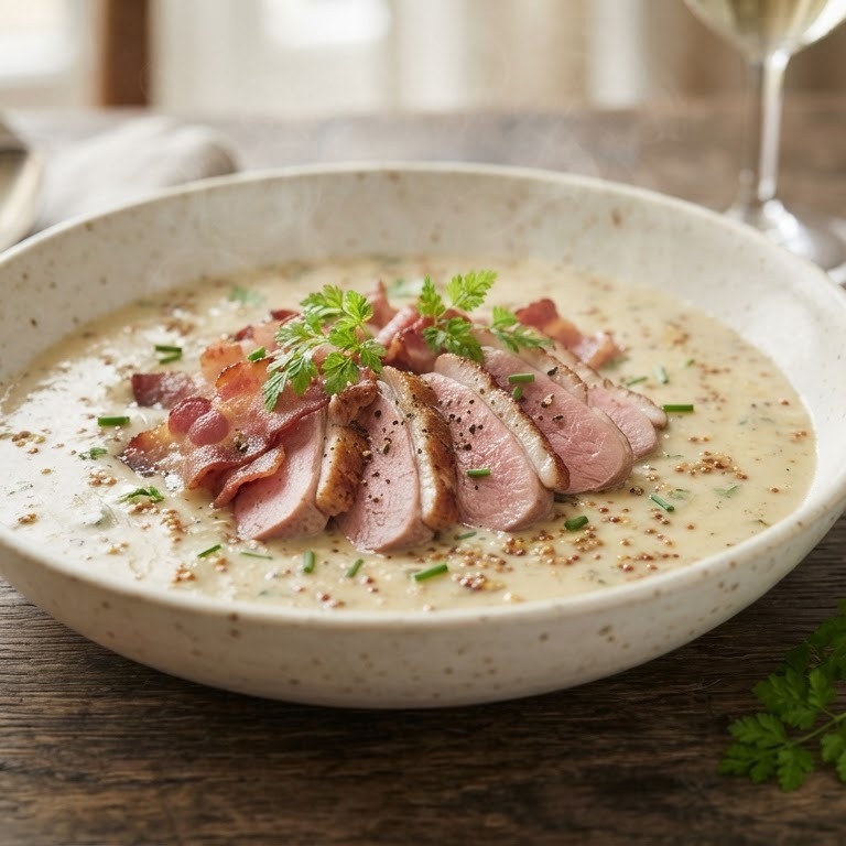 Lichtgebonden mosterdsoep met eendenfilet recept