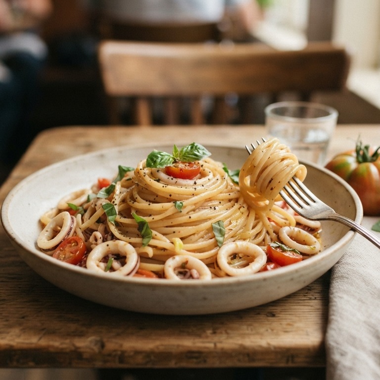 Linguine met kleine inktvisringen recept