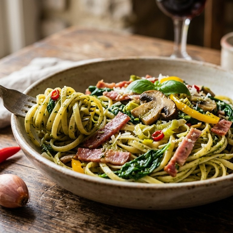 Linguine met spinazie, ham & salami recept
