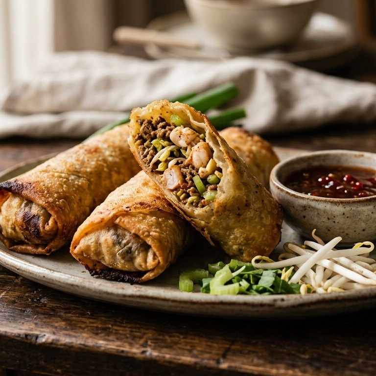 Loempia´s gevuld met rundergehakt en garnalen recept