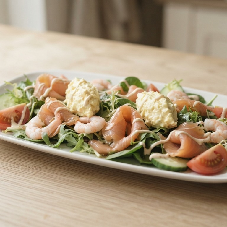 Maaltijdsalade met gerookte zalm en garnalen recept