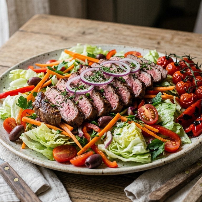 Maaltijdsalade met rundvlees en ijsbergsla recept