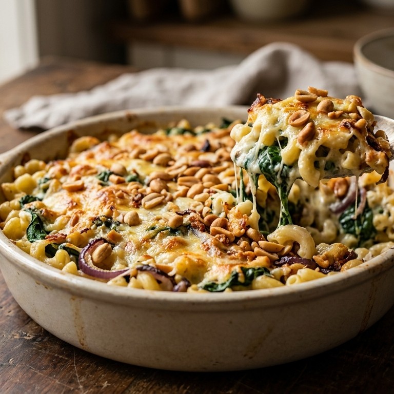 Macaroni gegratineerd met spinazie en pinda's recept