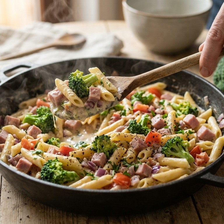 Macaroni met broccoli en ham in roomsaus recept