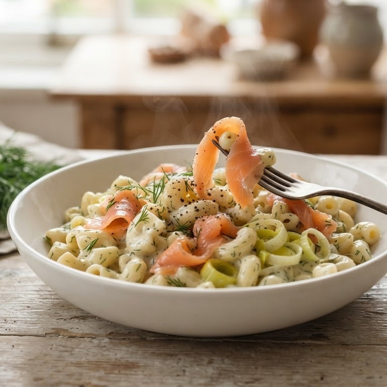Macaroni met gerookte zalm en dille-roomsaus voor 2 personen recept